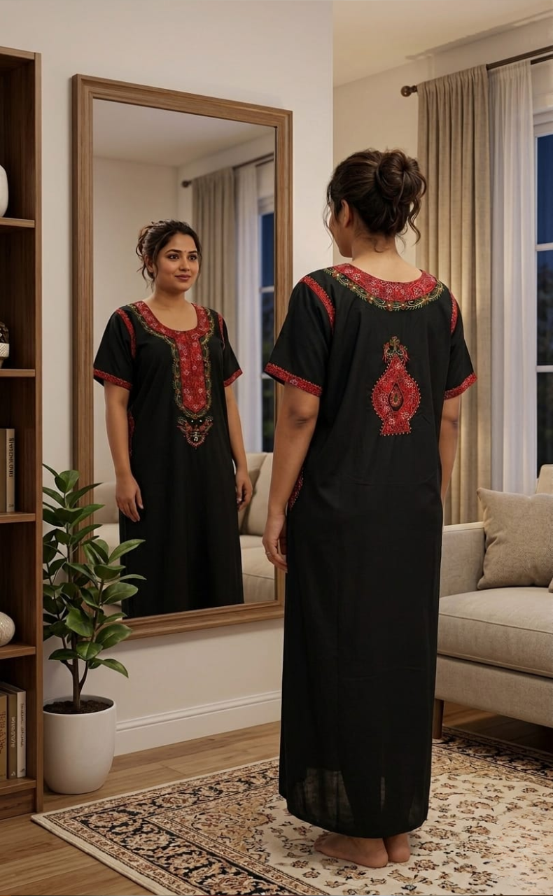 Black Bhopali Embroidery Soft Cotton Nighty. Soft Breathable Fabric | Laces and Frills