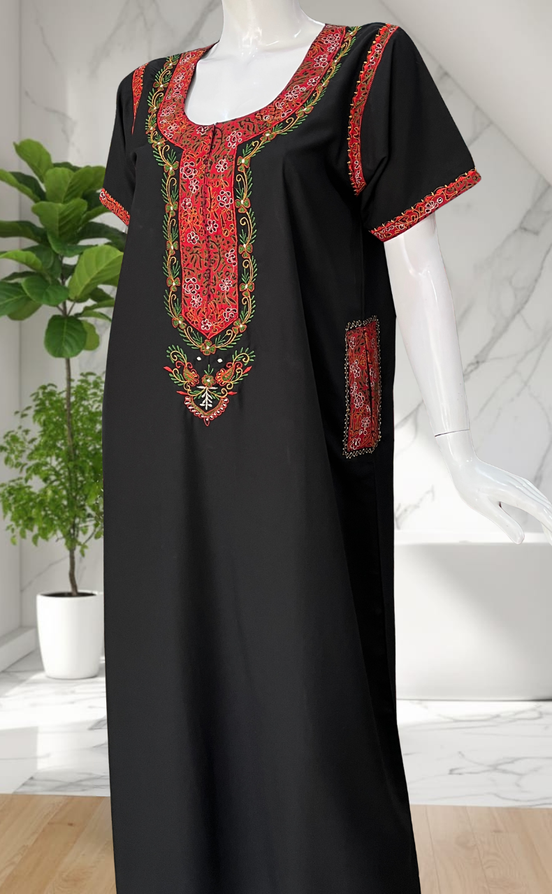 Black Bhopali Embroidery Soft Cotton Nighty. Soft Breathable Fabric | Laces and Frills