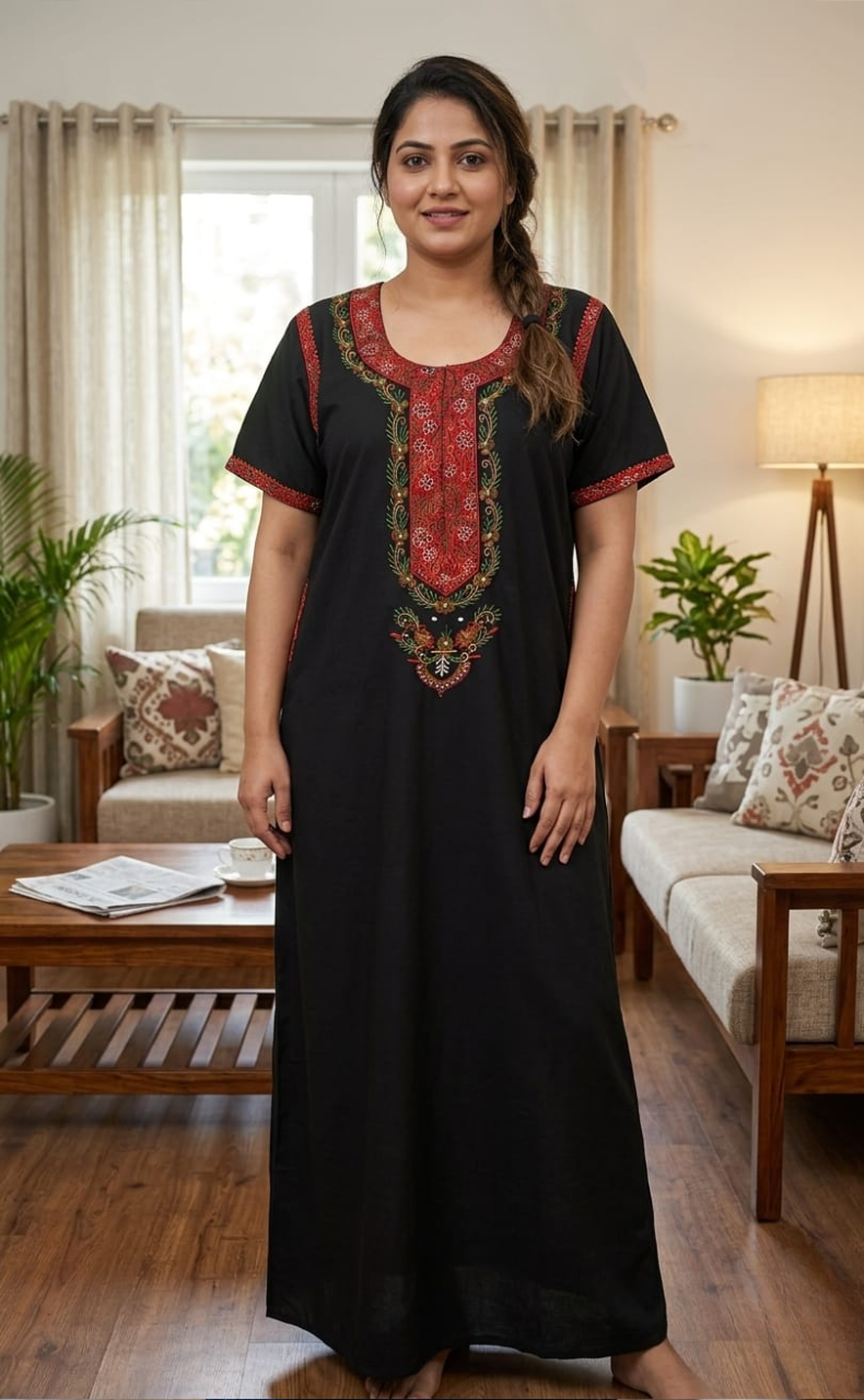 Black Bhopali Embroidery Soft Cotton Nighty. Soft Breathable Fabric | Laces and Frills