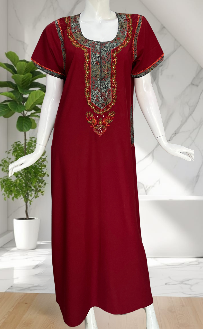 Maroon Bhopali Embroidery Soft Cotton Nighty. Soft Breathable Fabric | Laces and Frills