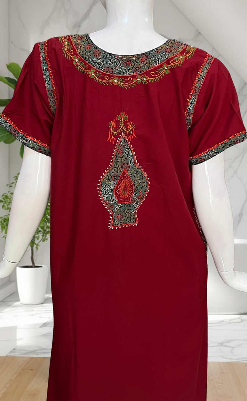 Maroon Bhopali Embroidery Soft Cotton Nighty. Soft Breathable Fabric | Laces and Frills