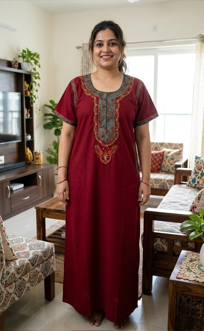 Maroon Bhopali Embroidery Soft Cotton Nighty. Soft Breathable Fabric | Laces and Frills