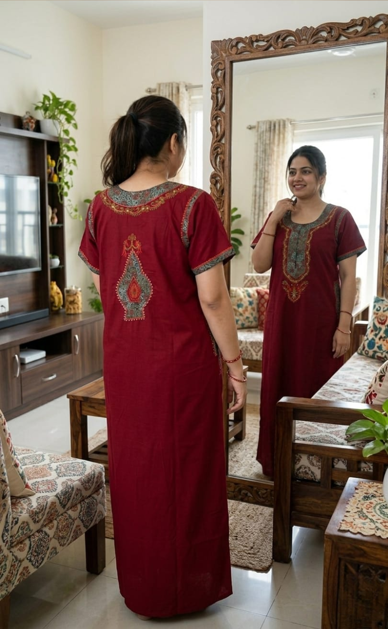 Maroon Bhopali Embroidery Soft Cotton Nighty. Soft Breathable Fabric | Laces and Frills