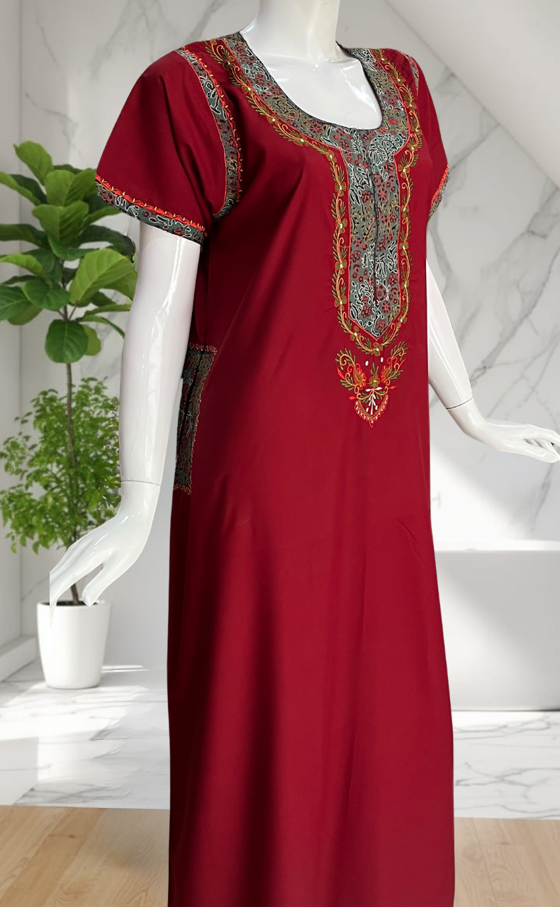 Maroon Bhopali Embroidery Soft Cotton Nighty. Soft Breathable Fabric | Laces and Frills