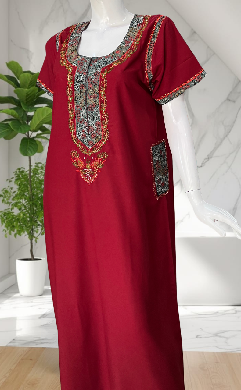 Maroon Bhopali Embroidery Soft Cotton Nighty. Soft Breathable Fabric | Laces and Frills