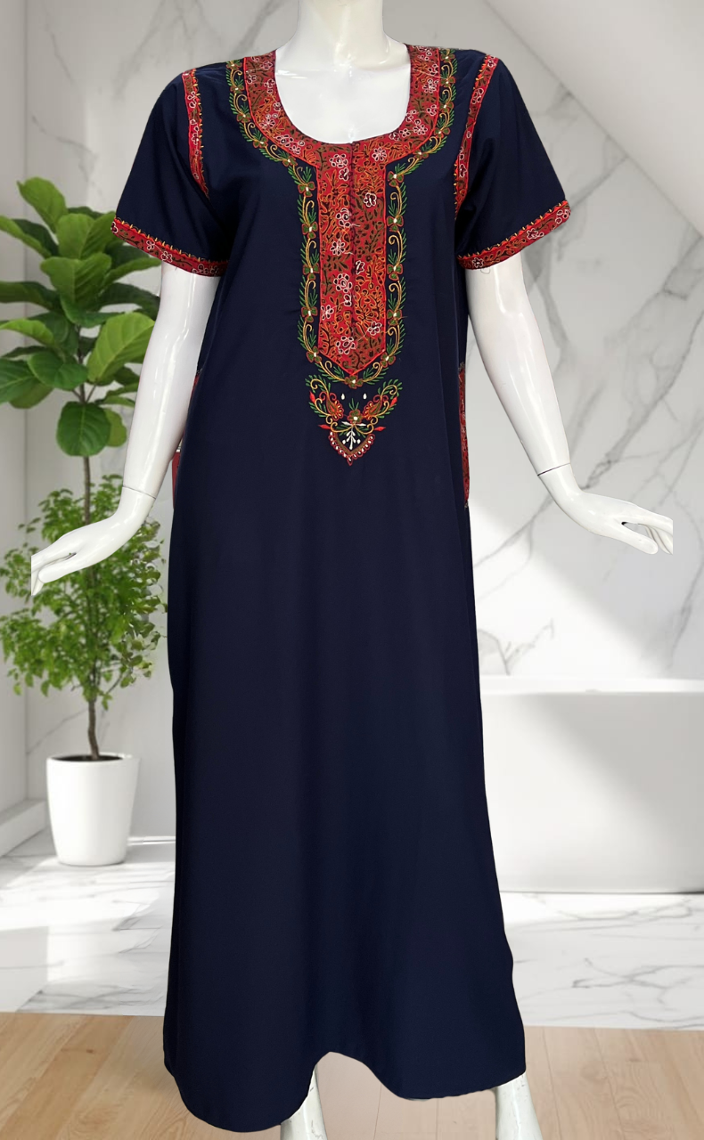 Navy Blue Bhopali Embroidery Soft Cotton Nighty. Soft Breathable Fabric | Laces and Frills