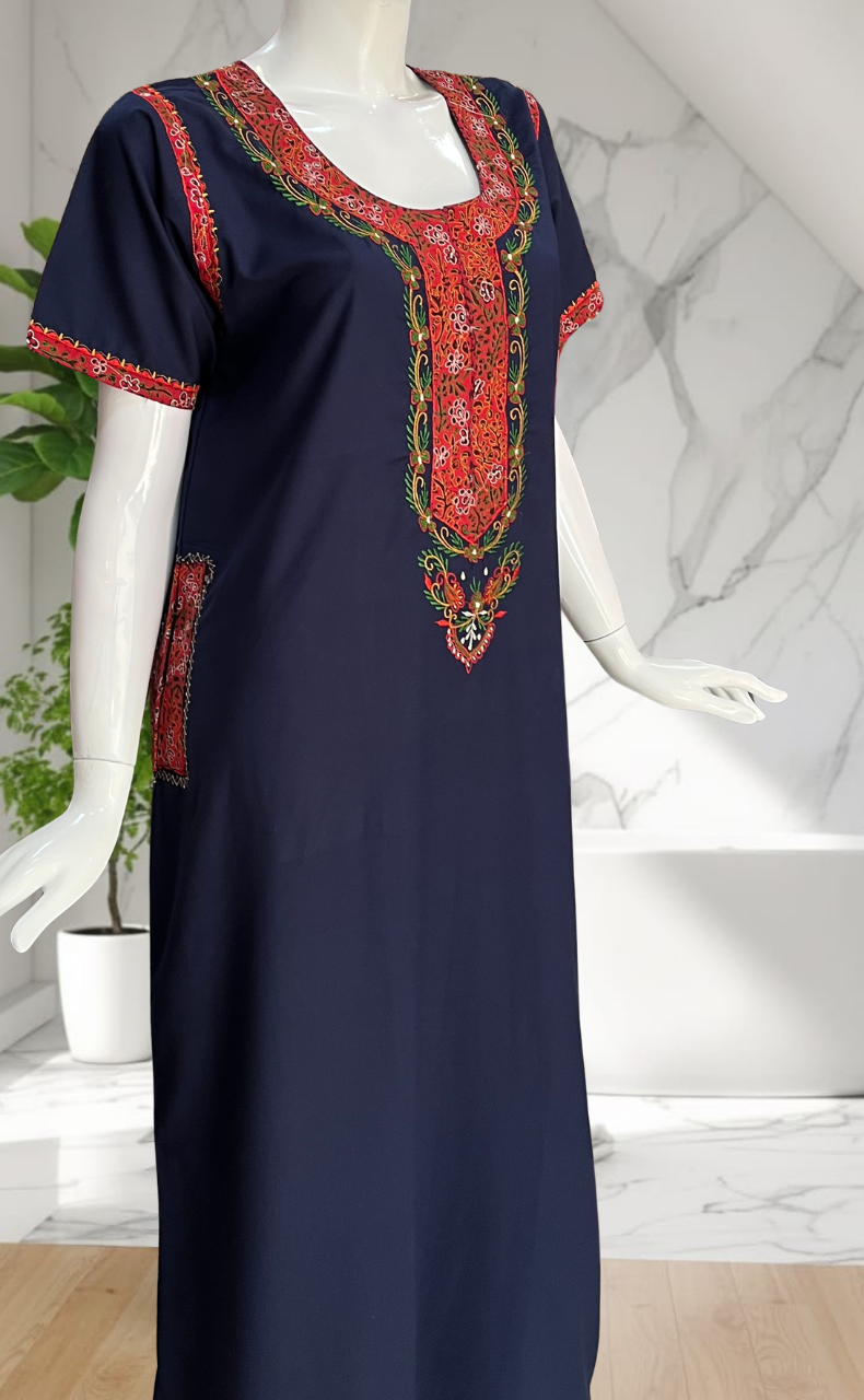 Navy Blue Bhopali Embroidery Soft Cotton Nighty. Soft Breathable Fabric | Laces and Frills