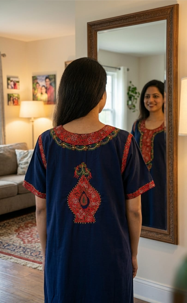 Navy Blue Bhopali Embroidery Soft Cotton Nighty. Soft Breathable Fabric | Laces and Frills