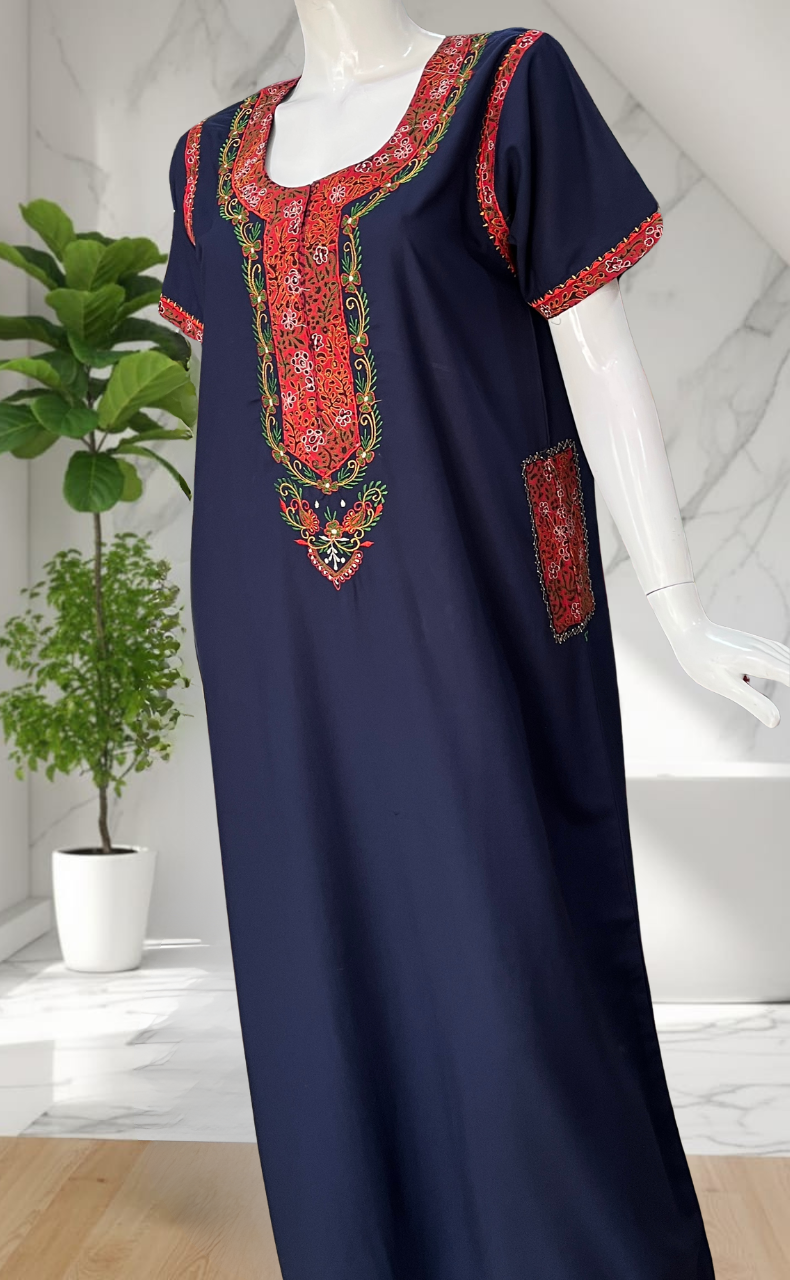 Navy Blue Bhopali Embroidery Soft Cotton Nighty. Soft Breathable Fabric | Laces and Frills