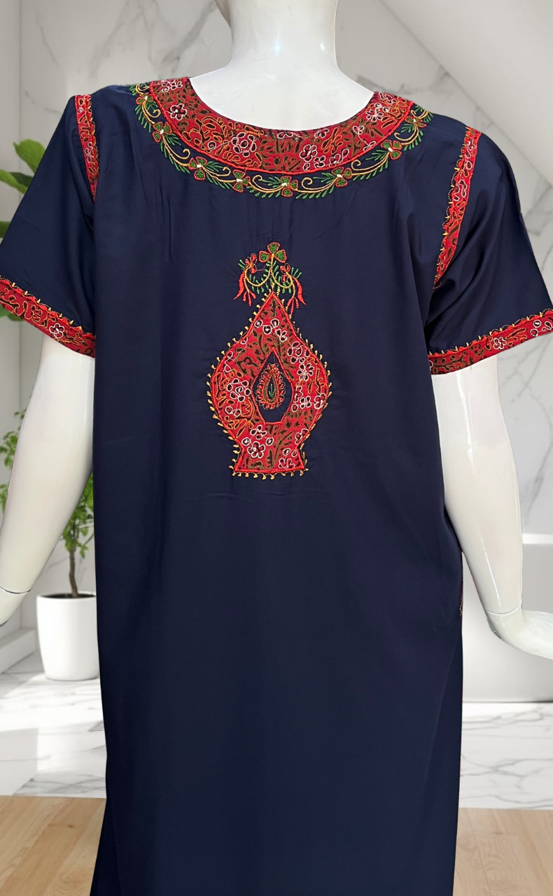 Navy Blue Bhopali Embroidery Soft Cotton Nighty. Soft Breathable Fabric | Laces and Frills