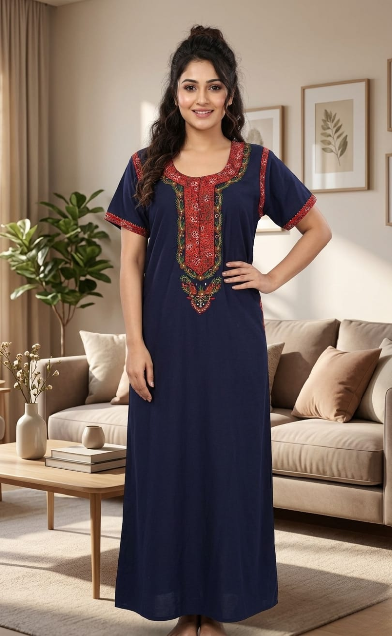 Navy Blue Bhopali Embroidery Soft Cotton Nighty. Soft Breathable Fabric | Laces and Frills