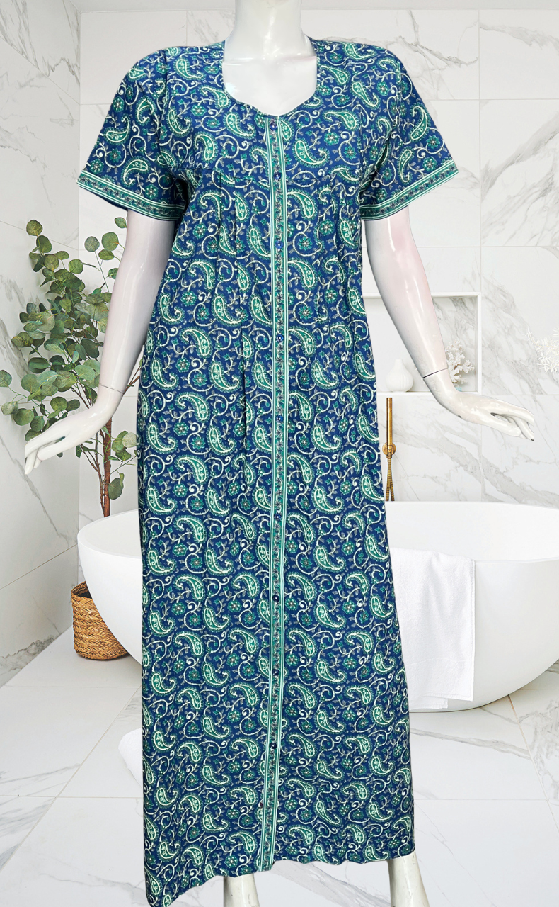 Blue Paisley Print Full Open Pure Cotton Nighty. Pure Cotton | Laces and Frills