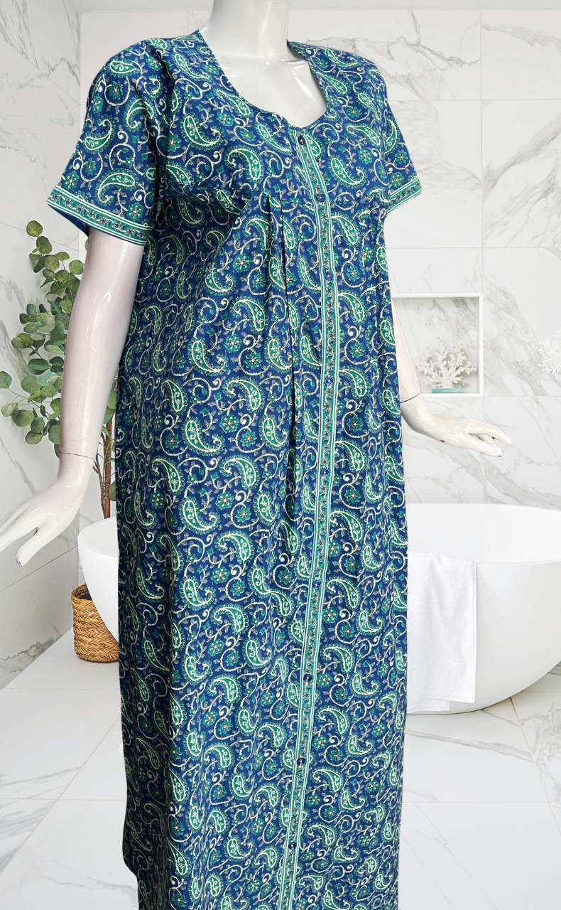 Blue Paisley Print Full Open Pure Cotton Nighty. Pure Cotton | Laces and Frills