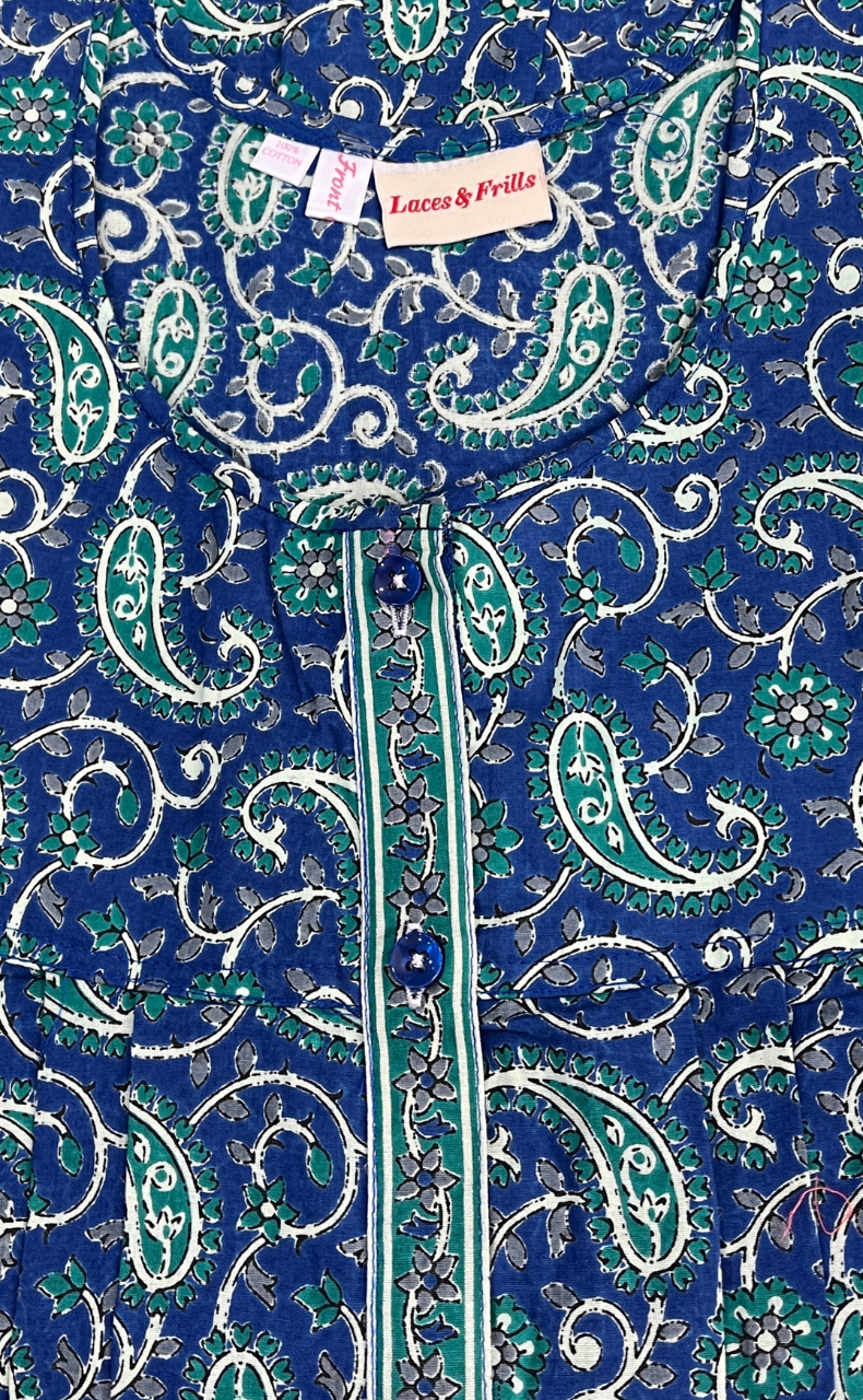 Blue Paisley Print Full Open Pure Cotton Nighty. Pure Cotton | Laces and Frills