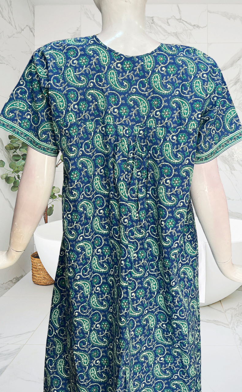 Blue Paisley Print Full Open Pure Cotton Nighty. Pure Cotton | Laces and Frills