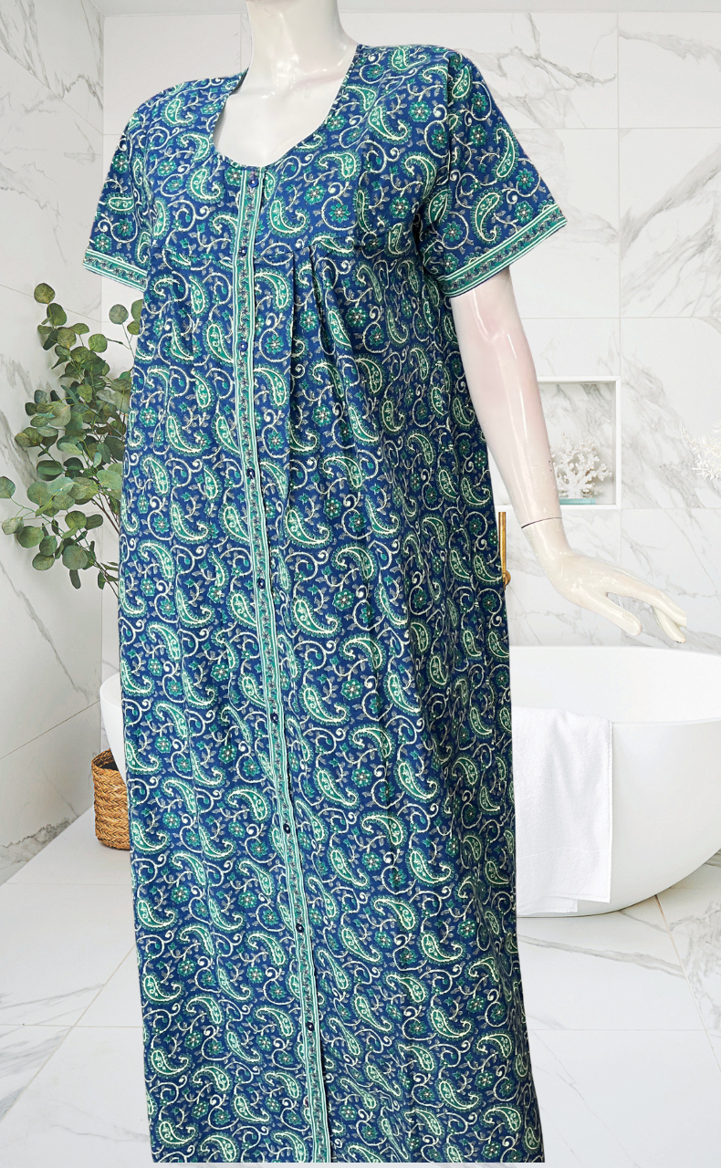 Blue Paisley Print Full Open Pure Cotton Nighty. Pure Cotton | Laces and Frills