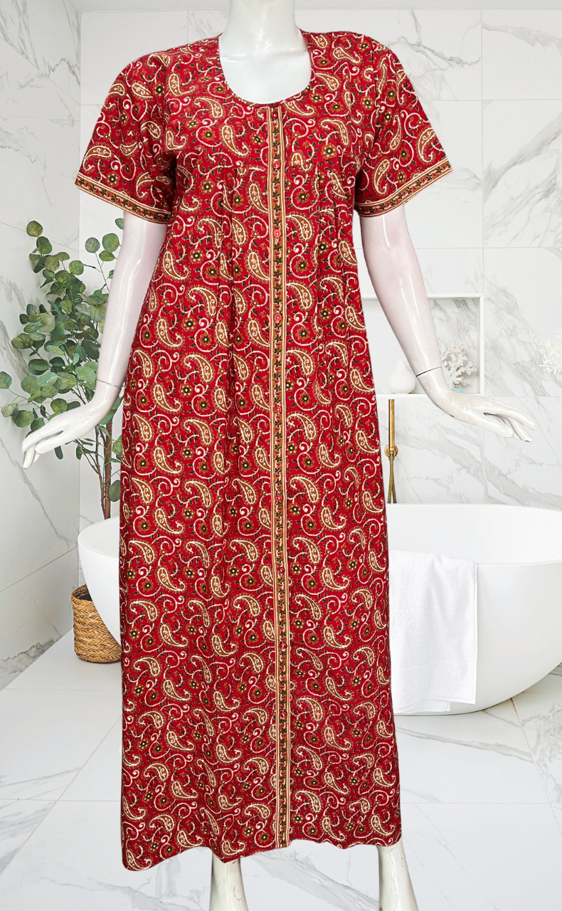 Red Paisley Print Full Open Pure Cotton Nighty. Pure Cotton | Laces and Frills