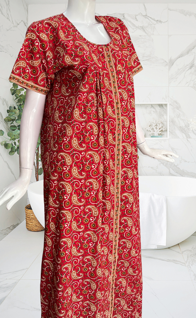 Red Paisley Print Full Open Pure Cotton Nighty. Pure Cotton | Laces and Frills