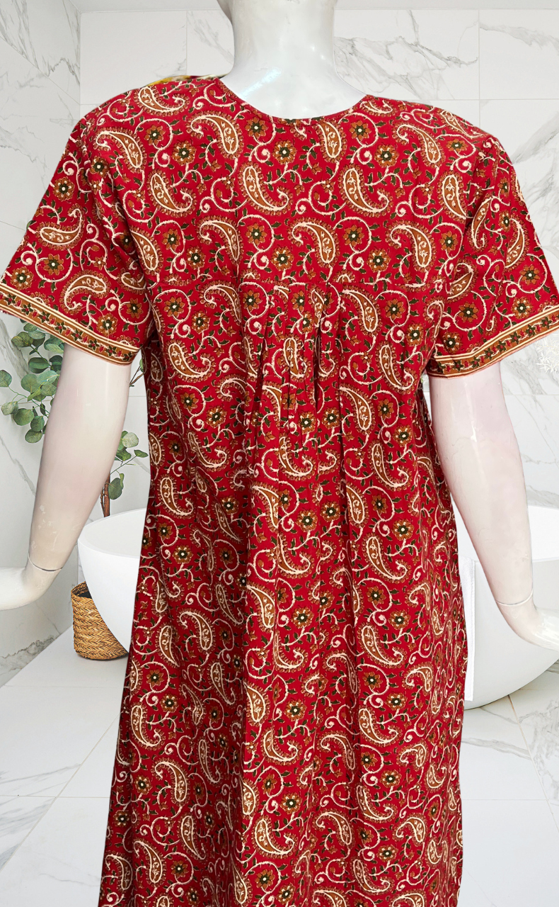 Red Paisley Print Full Open Pure Cotton Nighty. Pure Cotton | Laces and Frills