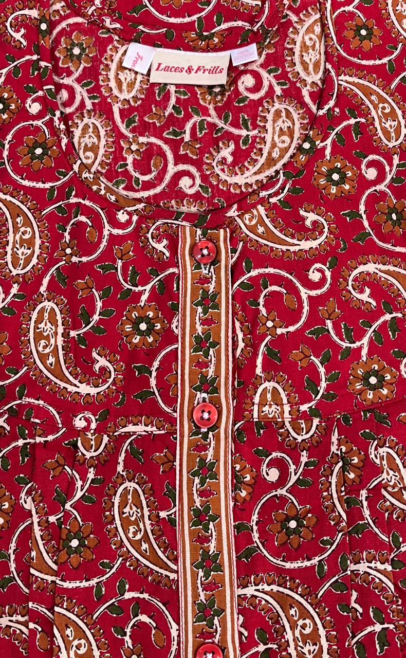 Red Paisley Print Full Open Pure Cotton Nighty. Pure Cotton | Laces and Frills