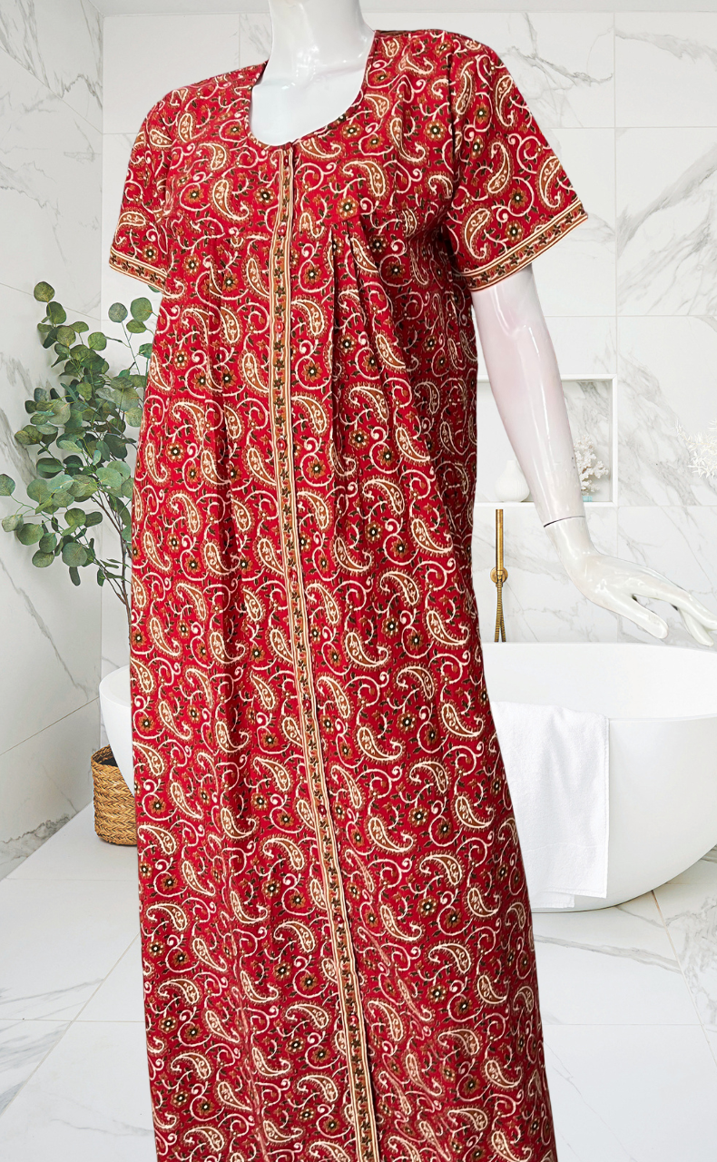 Red Paisley Print Full Open Pure Cotton Nighty. Pure Cotton | Laces and Frills