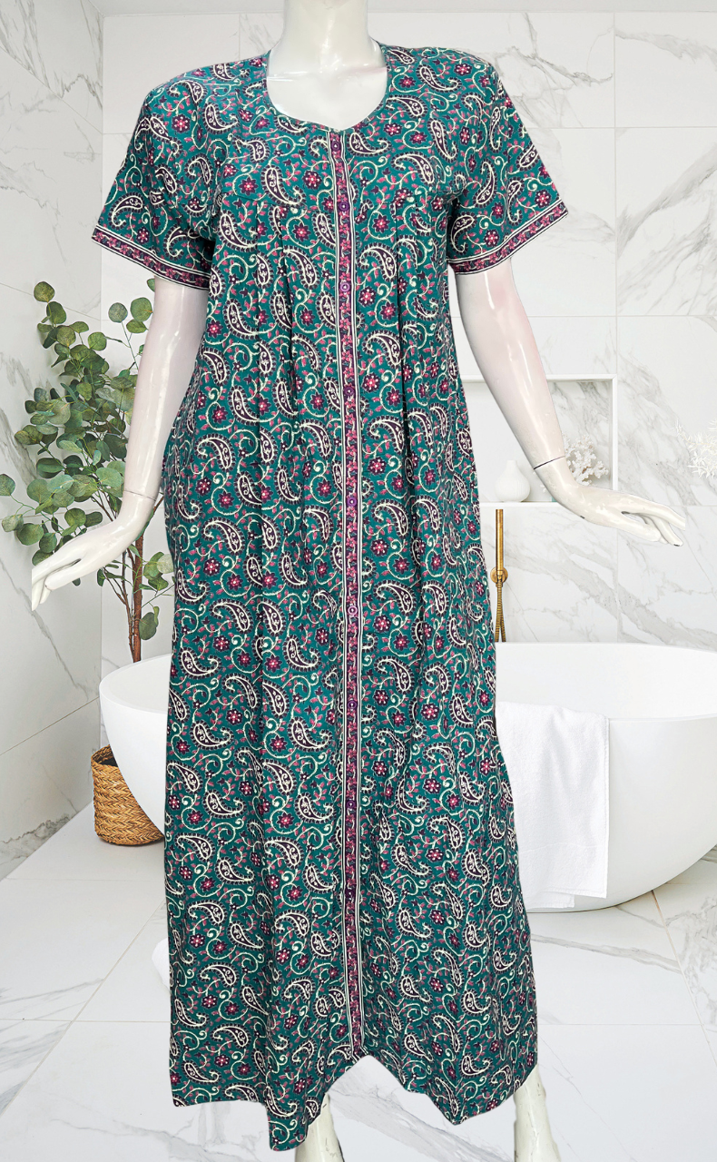 Sea Green Paisley Print Full Open Pure Cotton Nighty. Pure Cotton | Laces and Frills