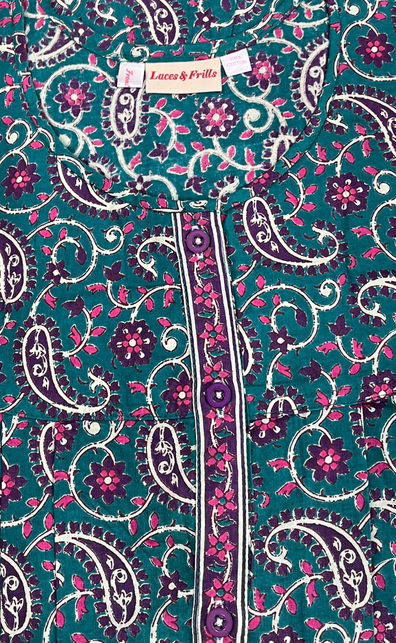 Sea Green Paisley Print Full Open Pure Cotton Nighty. Pure Cotton | Laces and Frills