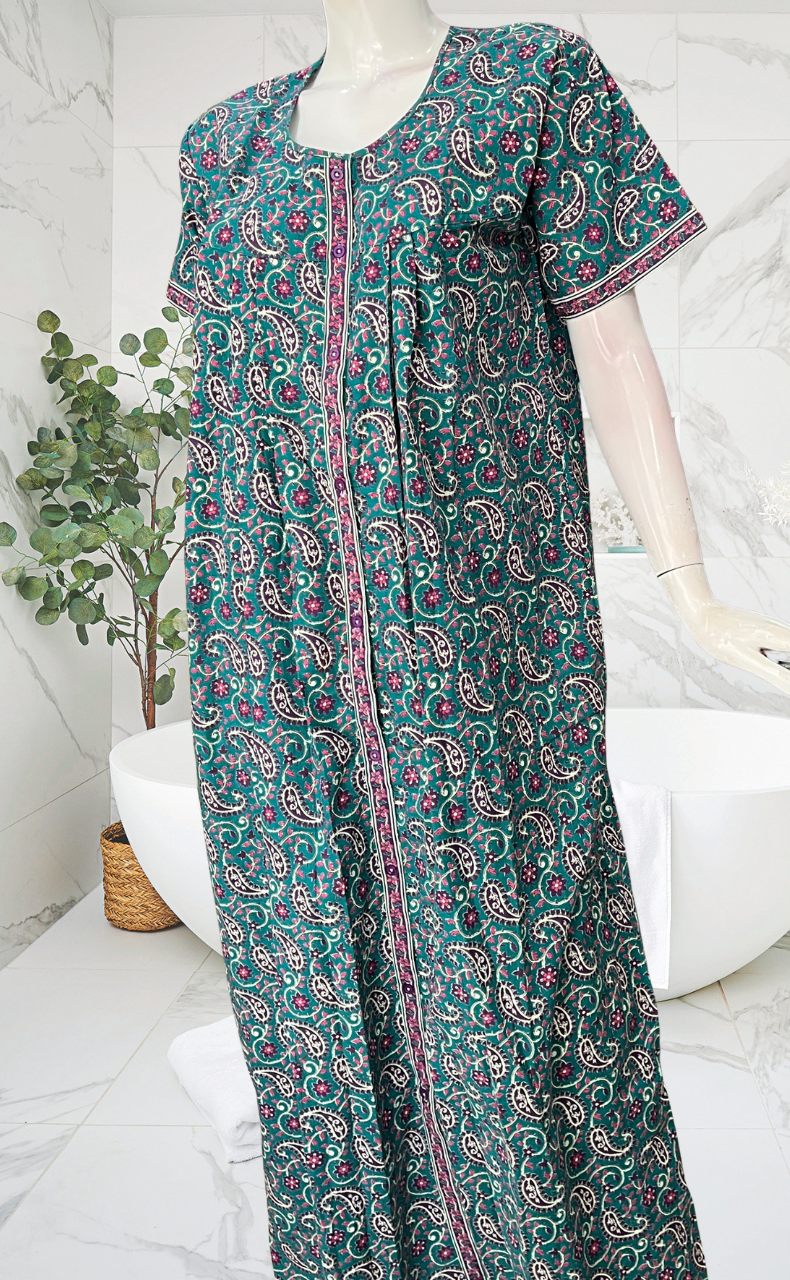Sea Green Paisley Print Full Open Pure Cotton Nighty. Pure Cotton | Laces and Frills