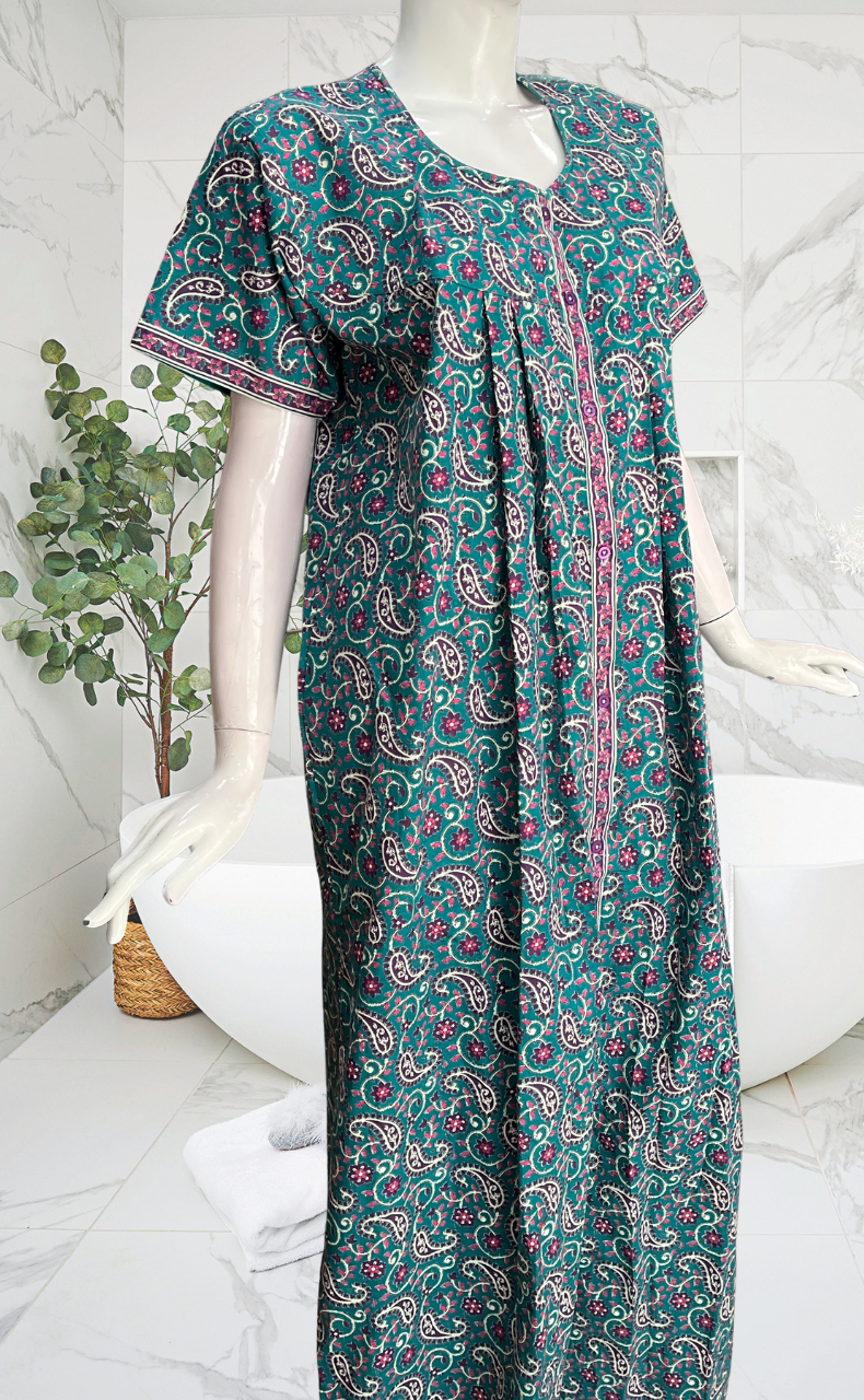 Sea Green Paisley Print Full Open Pure Cotton Nighty. Pure Cotton | Laces and Frills