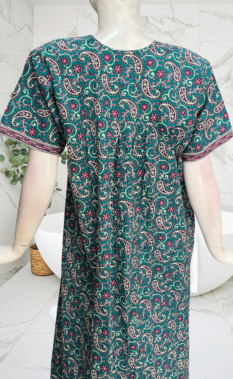 Sea Green Paisley Print Full Open Pure Cotton Nighty. Pure Cotton | Laces and Frills