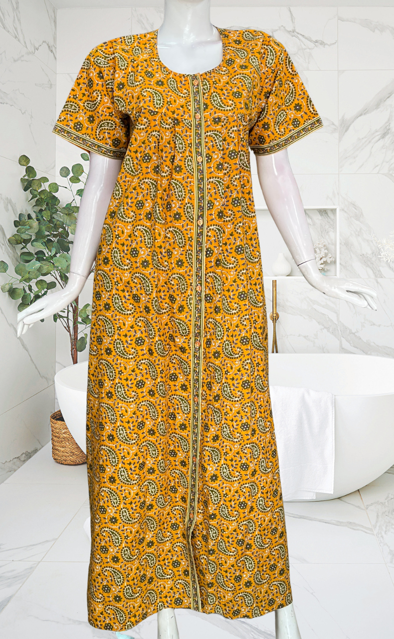 Yellow Paisley Print Full Open Pure Cotton Nighty. Pure Cotton | Laces and Frills
