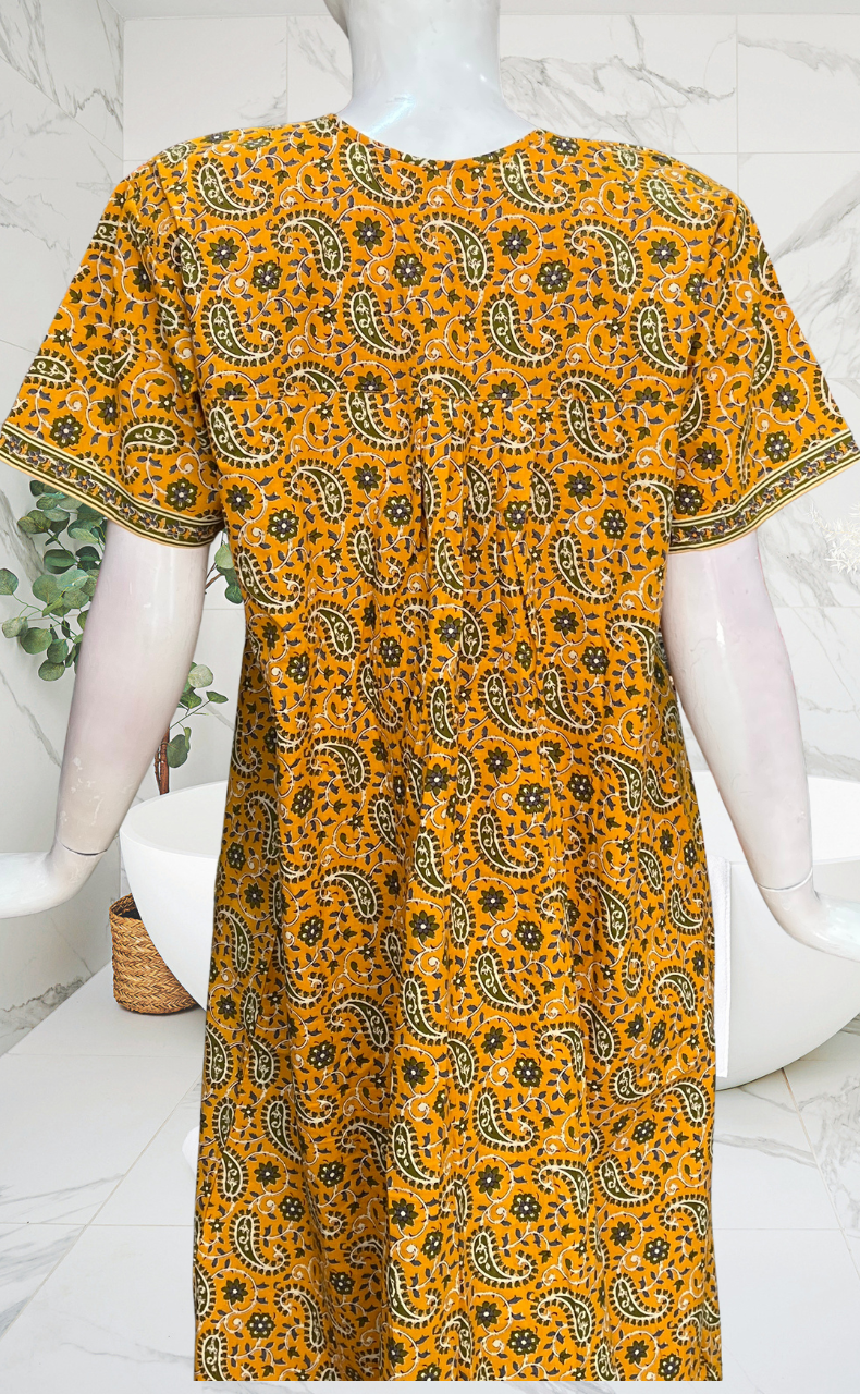 Yellow Paisley Print Full Open Pure Cotton Nighty. Pure Cotton | Laces and Frills