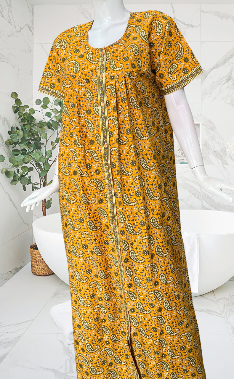 Yellow Paisley Print Full Open Pure Cotton Nighty. Pure Cotton | Laces and Frills
