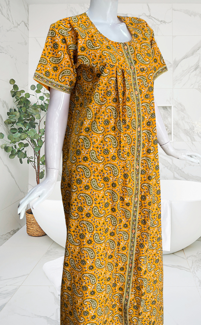 Yellow Paisley Print Full Open Pure Cotton Nighty. Pure Cotton | Laces and Frills