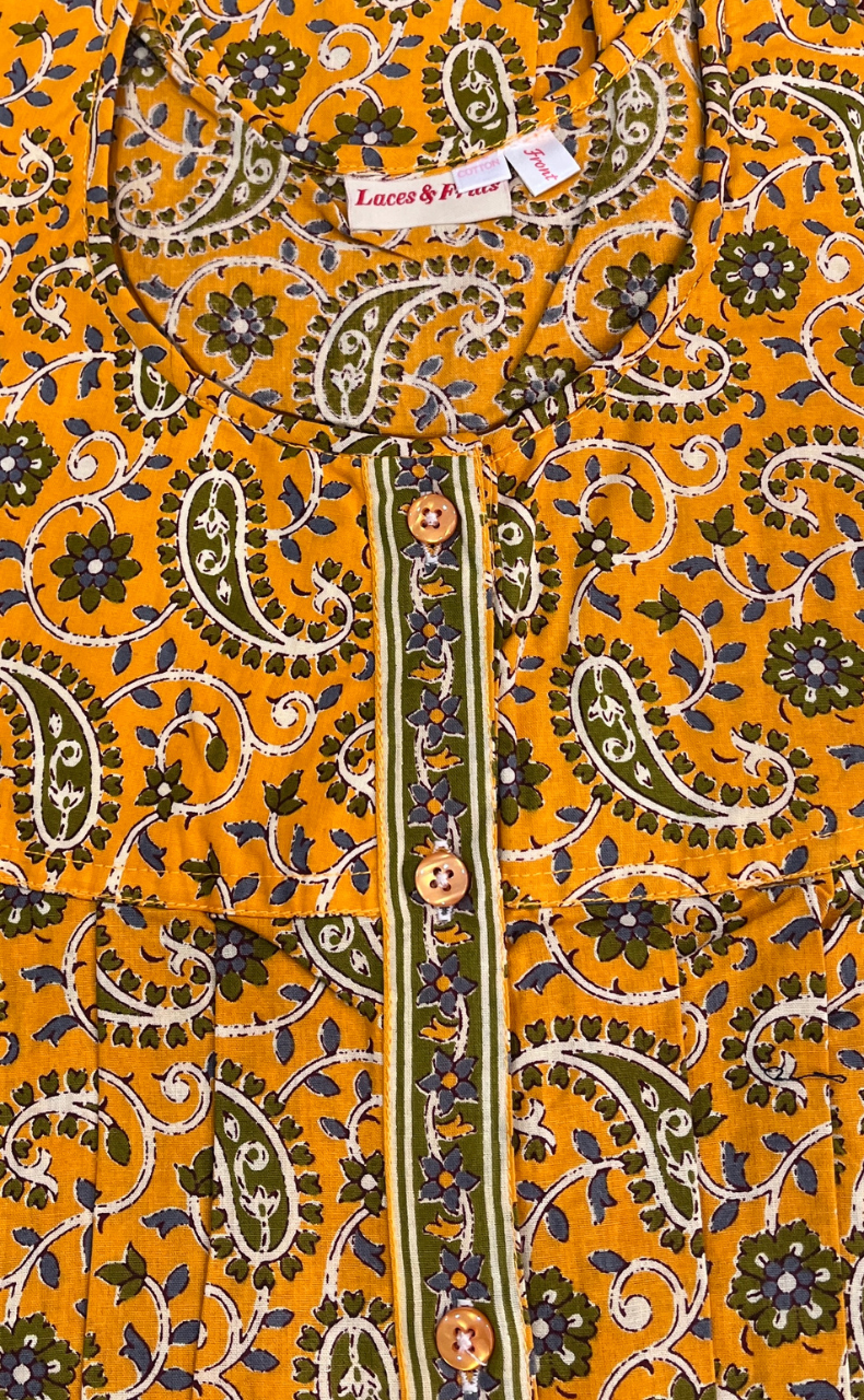 Yellow Paisley Print Full Open Pure Cotton Nighty. Pure Cotton | Laces and Frills