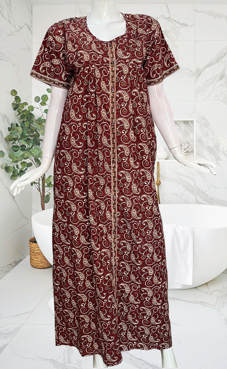 Maroon Paisley Print Full Open Pure Cotton Nighty. Pure Cotton | Laces and Frills