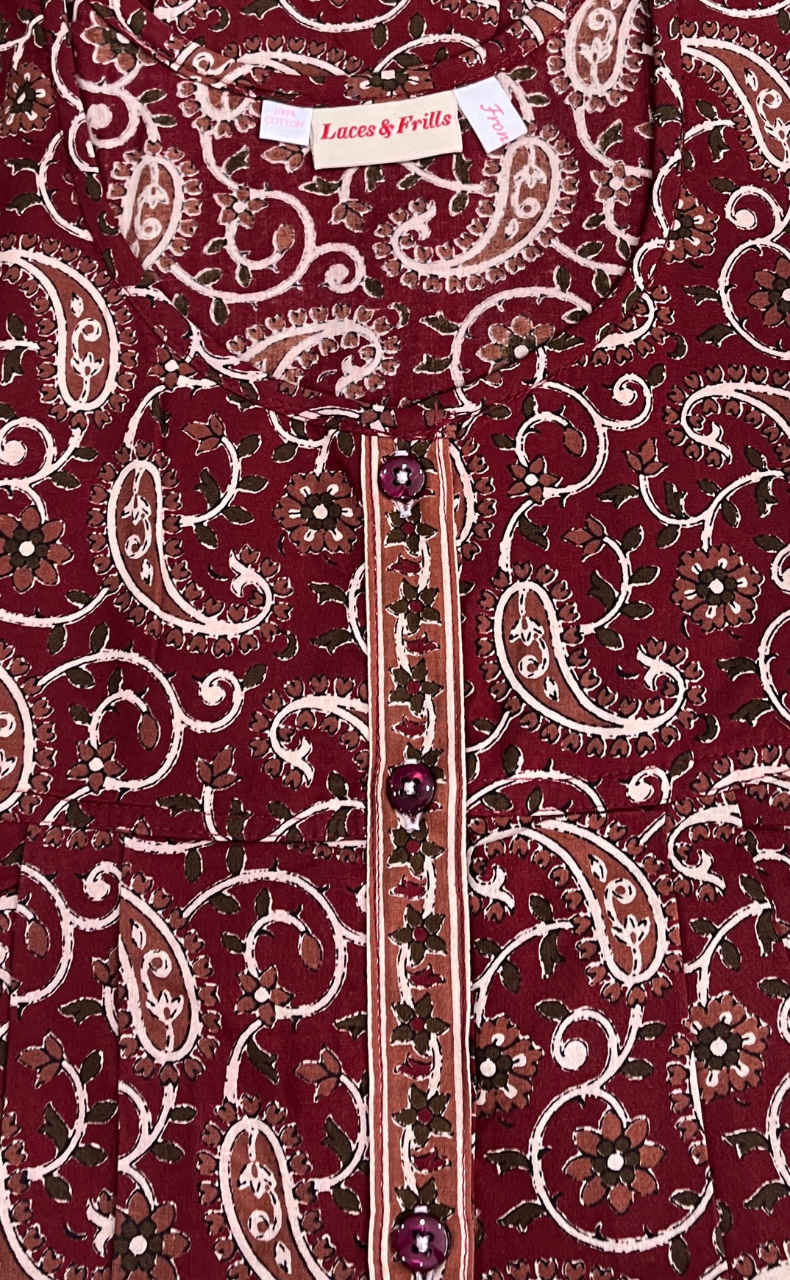 Maroon Paisley Print Full Open Pure Cotton Nighty. Pure Cotton | Laces and Frills