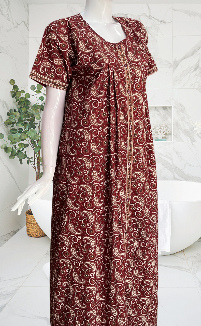 Maroon Paisley Print Full Open Pure Cotton Nighty. Pure Cotton | Laces and Frills