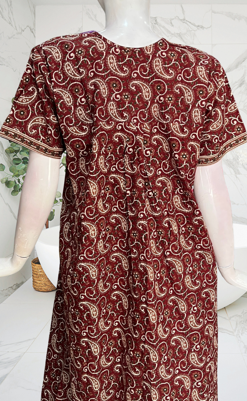 Maroon Paisley Print Full Open Pure Cotton Nighty. Pure Cotton | Laces and Frills