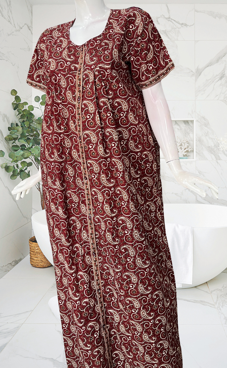 Maroon Paisley Print Full Open Pure Cotton Nighty. Pure Cotton | Laces and Frills