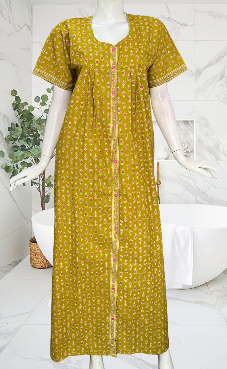 Mehndi Green Tiny Flora Full Open Pure Cotton Nighty. Pure Cotton | Laces and Frills