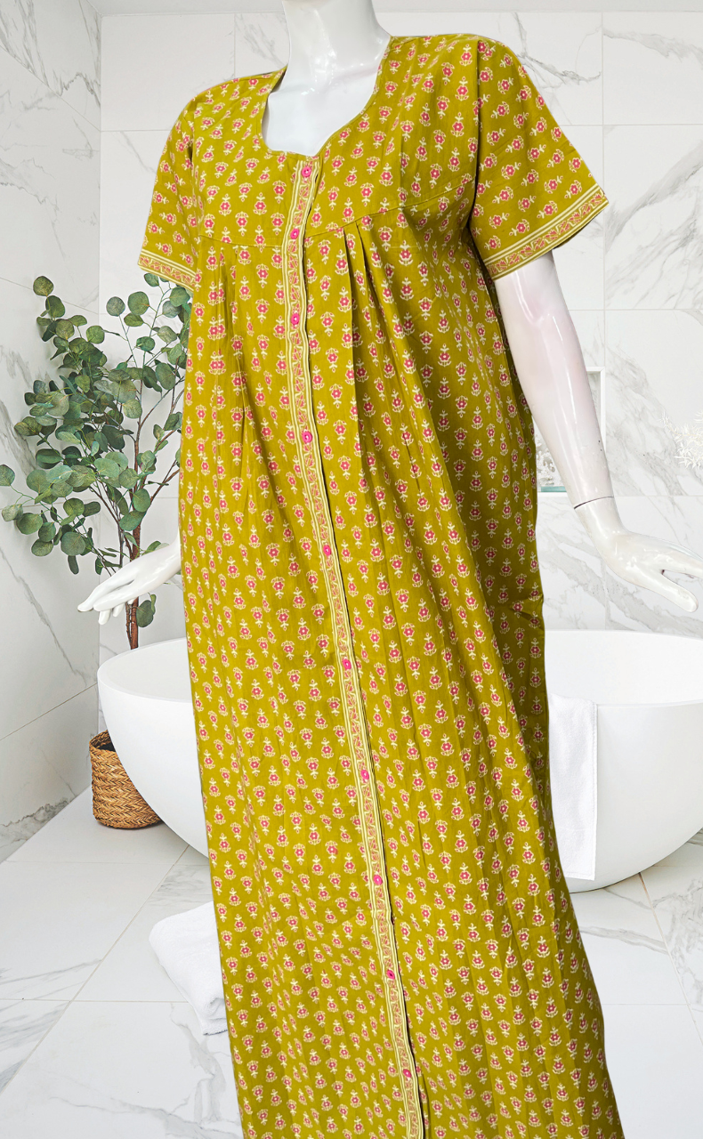 Mehndi Green Tiny Flora Full Open Pure Cotton Nighty. Pure Cotton | Laces and Frills
