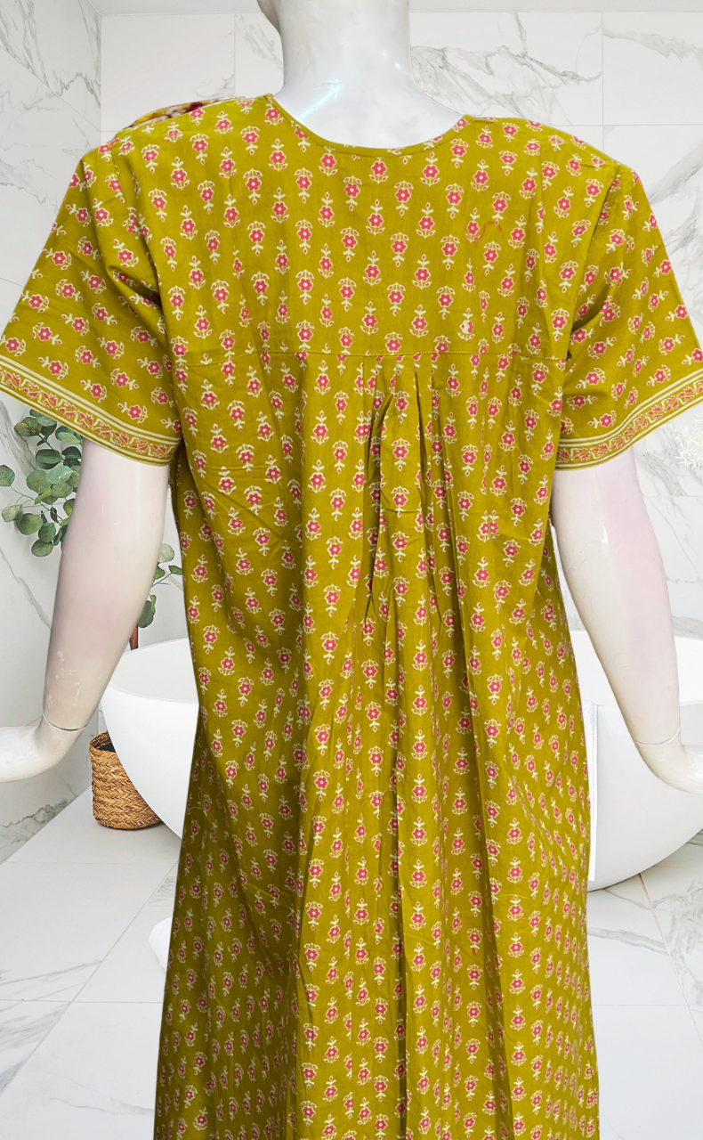 Mehndi Green Tiny Flora Full Open Pure Cotton Nighty. Pure Cotton | Laces and Frills