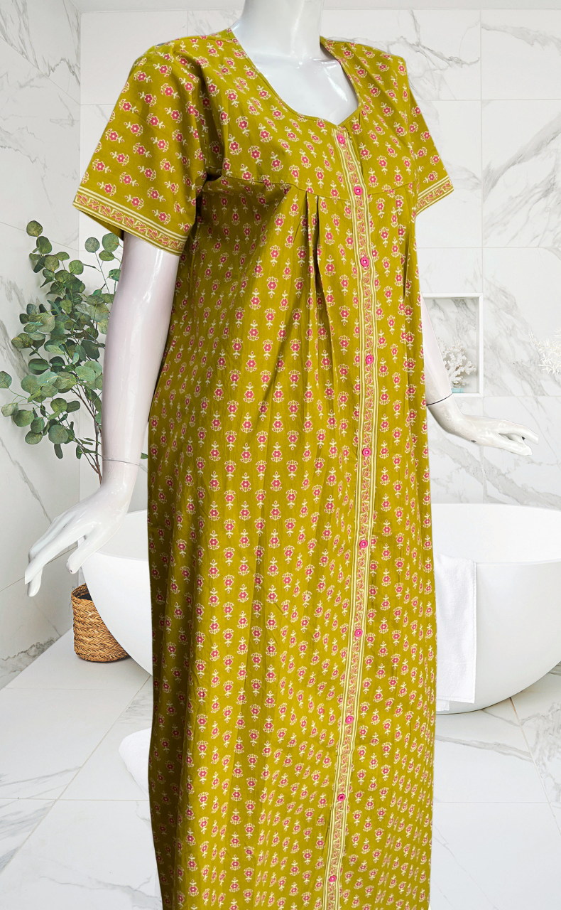 Mehndi Green Tiny Flora Full Open Pure Cotton Nighty. Pure Cotton | Laces and Frills