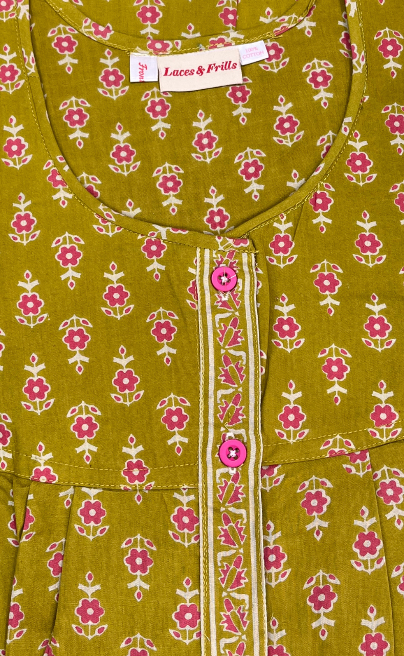 Mehndi Green Tiny Flora Full Open Pure Cotton Nighty. Pure Cotton | Laces and Frills