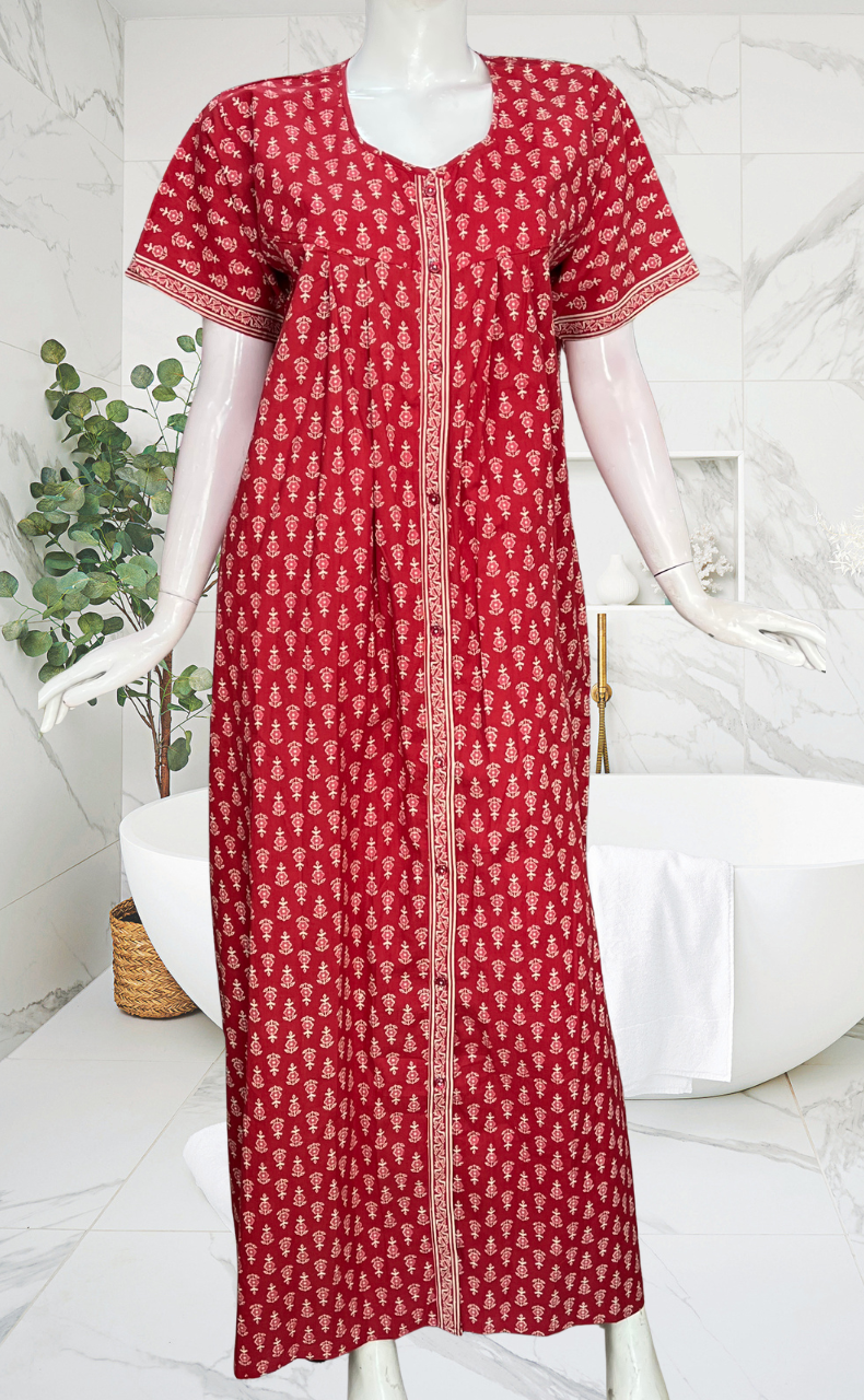Red Tiny Flora Full Open Pure Cotton Nighty. Pure Cotton | Laces and Frills