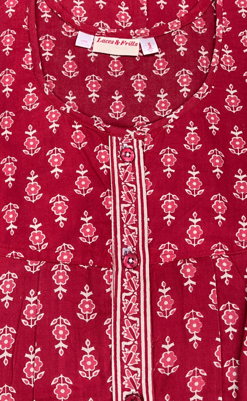 Red Tiny Flora Full Open Pure Cotton Nighty. Pure Cotton | Laces and Frills