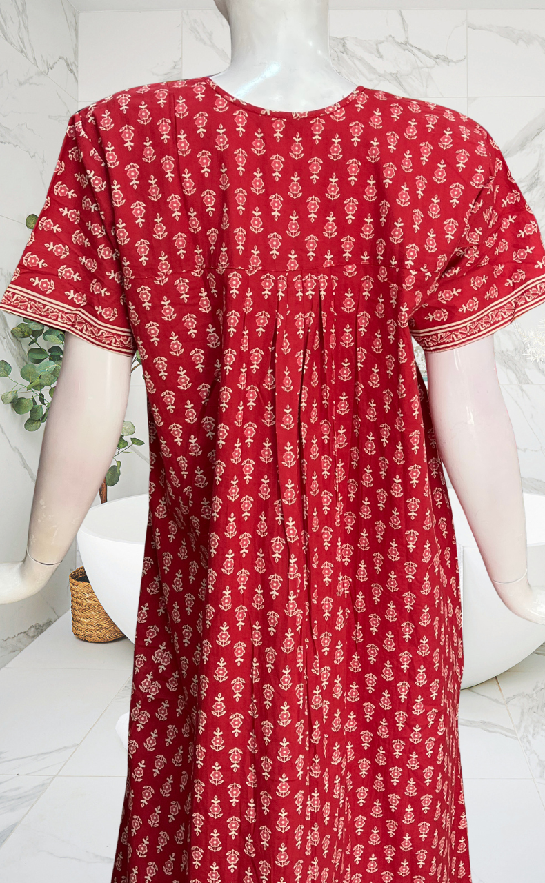 Red Tiny Flora Full Open Pure Cotton Nighty. Pure Cotton | Laces and Frills