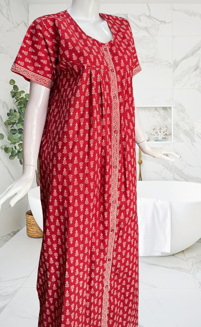 Red Tiny Flora Full Open Pure Cotton Nighty. Pure Cotton | Laces and Frills