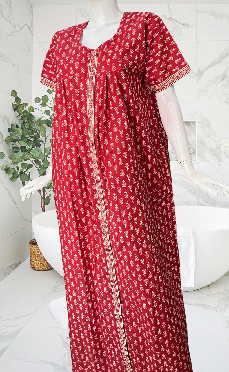 Red Tiny Flora Full Open Pure Cotton Nighty. Pure Cotton | Laces and Frills